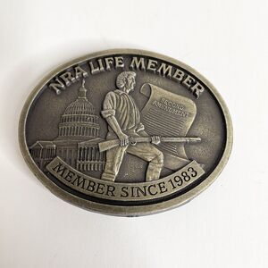 Vintage NRA Brass Belt Buckle, 1983 Life Member, Second Amendment, 3.5”